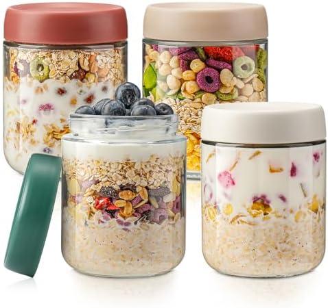 DIMBRAH Overnight Oats Containers with Lids,16oz Glass Jars with Lids - Set Of 4, Practical Oatmeal Container to Go, Chia Seed Pudding Jars, Baby Food Containers