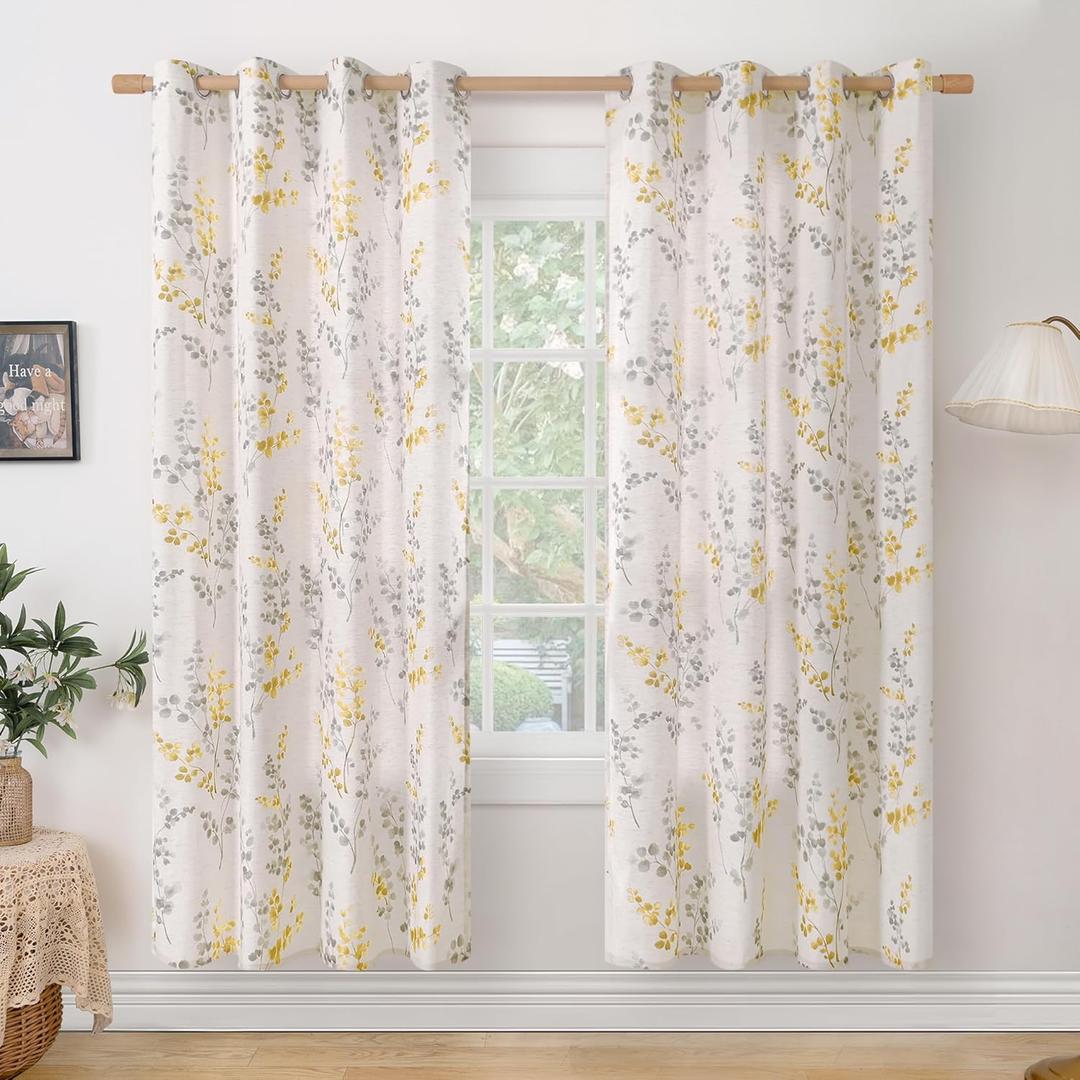 BGment Boho Linen Curtains for Bedroom 72 Inch Length 2 Panels Printed Leaf, Light Filtering Window Privacy Curtains for Living Room Farmhouse Rusitc Casual Patterns, Each 52 Inch Wide, Yellow