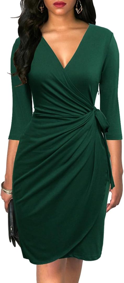 Berydress Women's Classic 3/4 Sleeve V Neck Sheath Casual Party Work Faux Black Wrap Dress (Medium, Dark Green)
