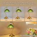 Vintage Table Lamp with a Floral Green Glass Shade, A Plug-in Nightstand Lamp in Matte Brass Finish for Bedroom, Living Room, Office, and Desk