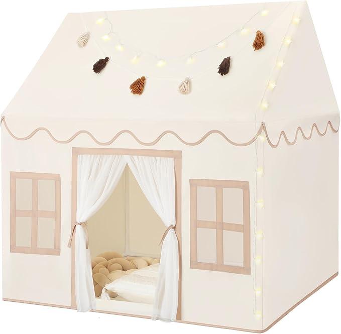 Senodeer Kids Play Tent Indoor: with Mat, Tassel Garland, Star Lights Girl Tent Indoor Playhouse for Kids Toys for Boy Girl Birthday Gift, All-Cream Tent