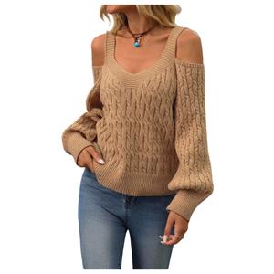 SOLY HUX Women's Cold Shoulder Sweater Cable Knit Long Sleeve Shirts Fall Pullover Tops Pure Khaki Large (Beige, L)