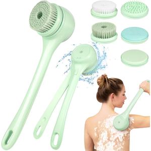 Electric Body Brush Back Scrubber for Shower, Auto Spinning Exfoliating Massage Bath Brush Rechargeable, Dual Long Handle, Deep Cleansing, Waterproof, Rotating Body Brushes with 5 Brush Heads