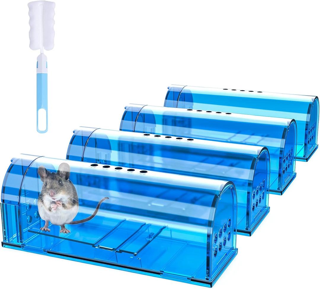 4 Pack Humane Mouse Traps No Kill, Catch and Release Live Mouse Trap Indoor for Home, Reusable Mice Trap Cage with Cleaning Brush(Blue)