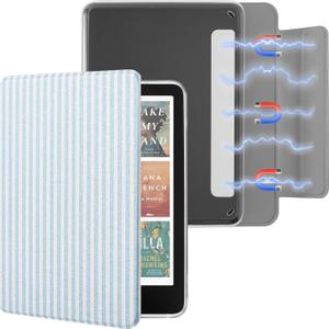 Detachable Magnetic Case for 7'' Kindle Paperwhite 12th Gen 2024 and Kindle Colorsoft Signature Edition, Slim PU Shell Cover Case with Auto Wake/Sleep, Blue and White Stripes