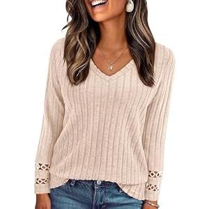PRETTYGARDEN Women's Long Sleeve Shirts Ribbed Knit V Neck Tee Dressy Casual Blouses Going Out Tunic Tops 2025 Fall Outfits (Apricot, Large)