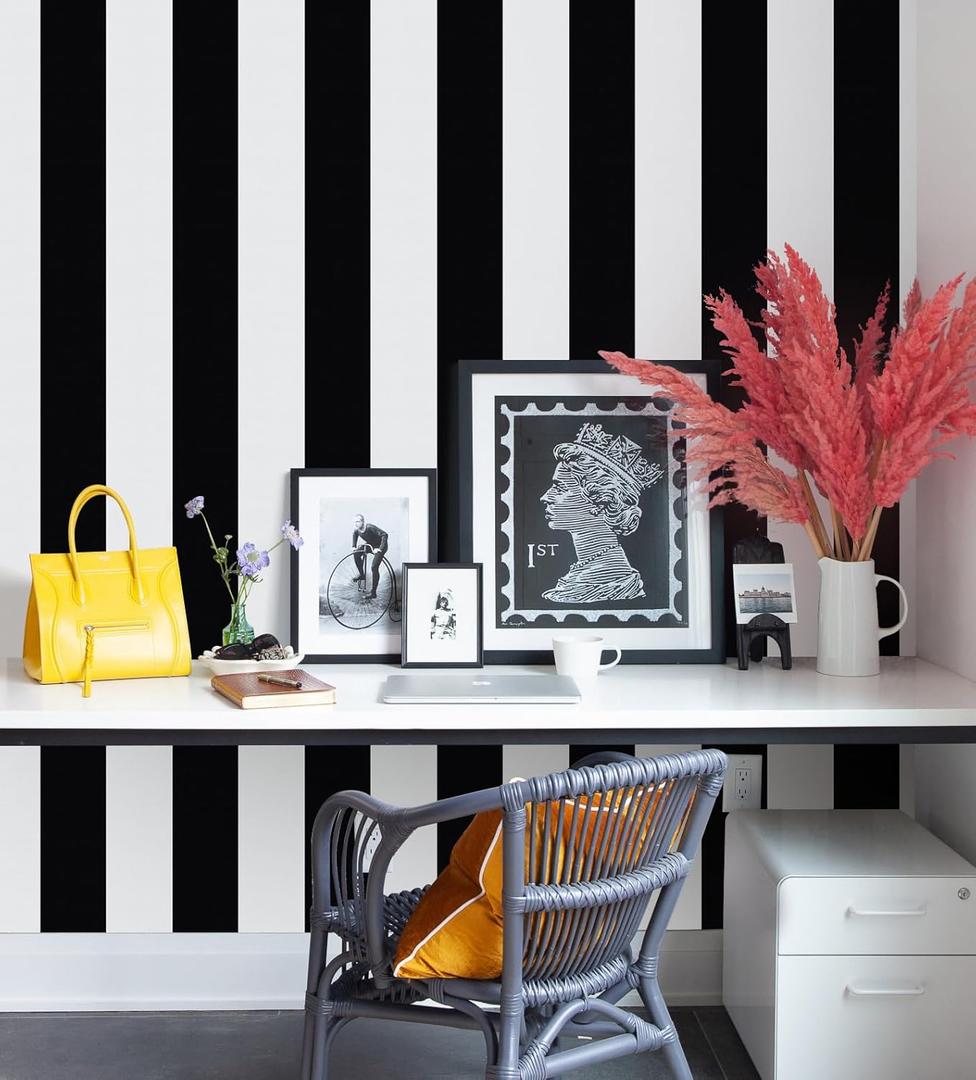 Erfoni 17.7"x394" Striped Peel and Stick Wallpaper Classic Black and White Wall Paper Black Self Adhesive Contact Paper Modern DIY Stripe Removable Wallpaper for Bathroon Kitchen Wall Decor Vinyl Roll