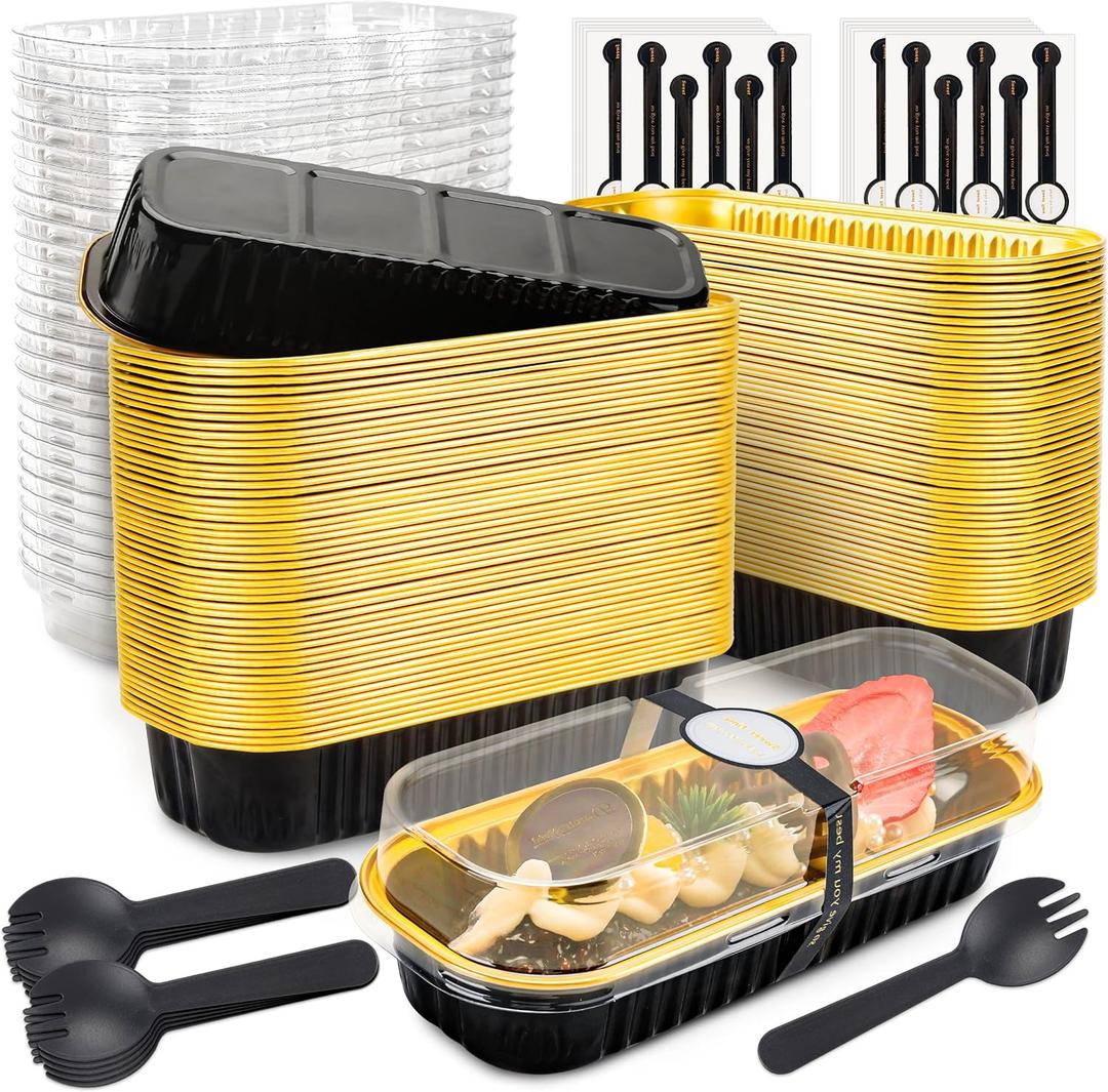 Mini Loaf Pans with Lids and Spoons Rectangular Aluminum Foil Baking Pans Mini Cheesecake Containers 6.8 Oz(120 Pack, Black Gold)