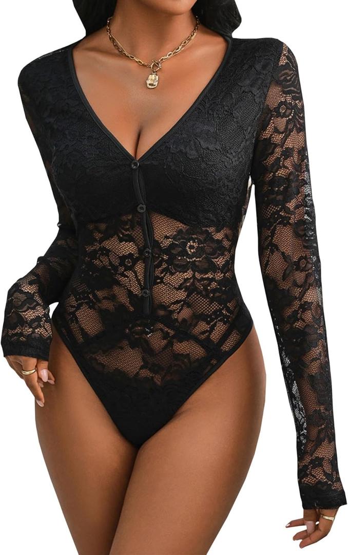xxxiticat Women's Long Sleeve Bodysuit Sheer Mesh See Through V Neck Button Down One Piece Black Floral Lace Jumpsuit (Large)