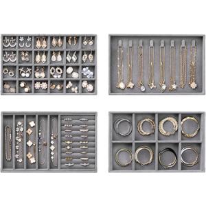 Velvet Jewelry Drawer Organizer Trays Grey Stackable Jewelry Storage Inserts Set, 4-Layer Jewelry Tray Set for Earrings, Rings, Necklaces, Bracelets with Removable Dividers for Dresser & Vanity