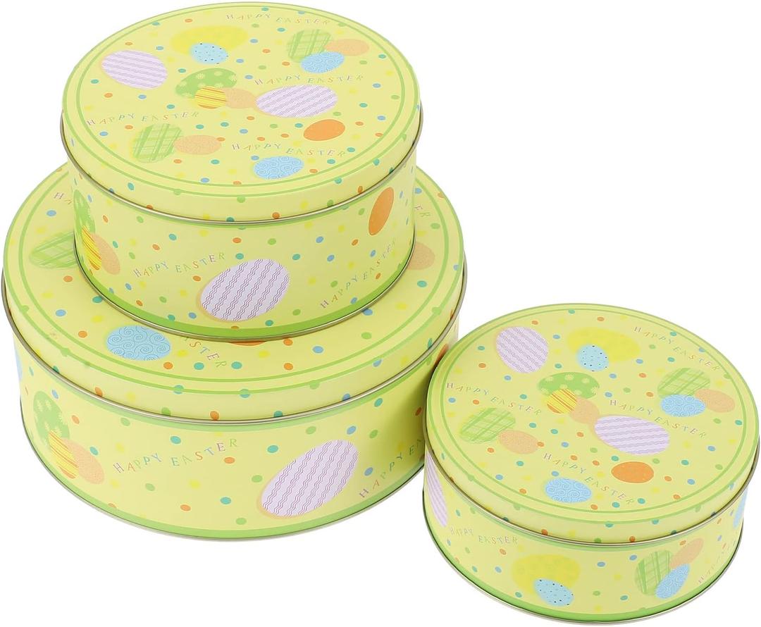 Angoily 3pcs Random Style Easter Tinplate Boxes Round Nesting Box Jewelry Trinket Box Foods Storage Container Tin for Candy Cookies Chocolate Snacks Easter Party Favors