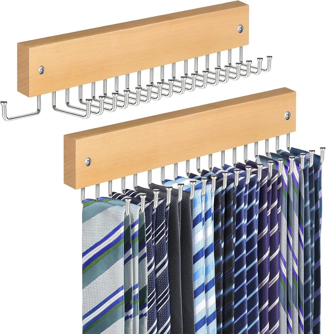 Tie Rack Belt Hanger Wall Mounted, Lomrsiul Non Slip 180 Degree Rotating Tie Organizer for Men Closet with 18 Hooks Closet Organizers and Storage for Tie Belt Necklace Purse Scarf Bag Natural 2 Pack