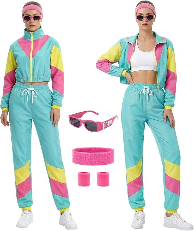 Essestim Women's 80s 90s Outfits Tracksuit Costume 5 Piece Color Block Retro Windbreaker Accessories Track Suits (Light Blue, XX-Large)