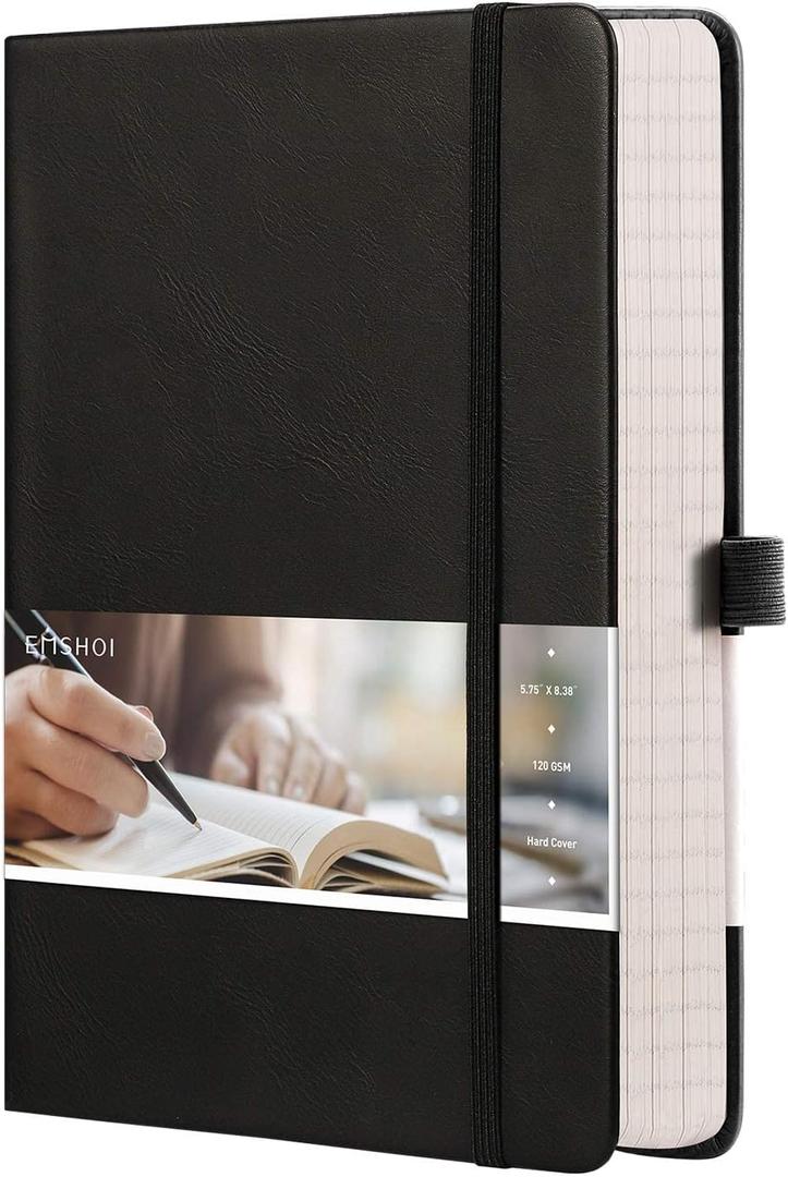 EMSHOI Graph Paper Notebook - 256 Pages A5 Graph Notebook/Journal, Hard Cover, 120gsm Thick Paper, Smooth PU Leather, Inner Pocket, 5.75''  8.38''-Black
