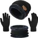 Kids Winter Beanie Hat Scarf Touchscreen Gloves Set for Boys Girls 5-15 Years Warm Skull Cap Fleece Lined Knitted Hat (Black)