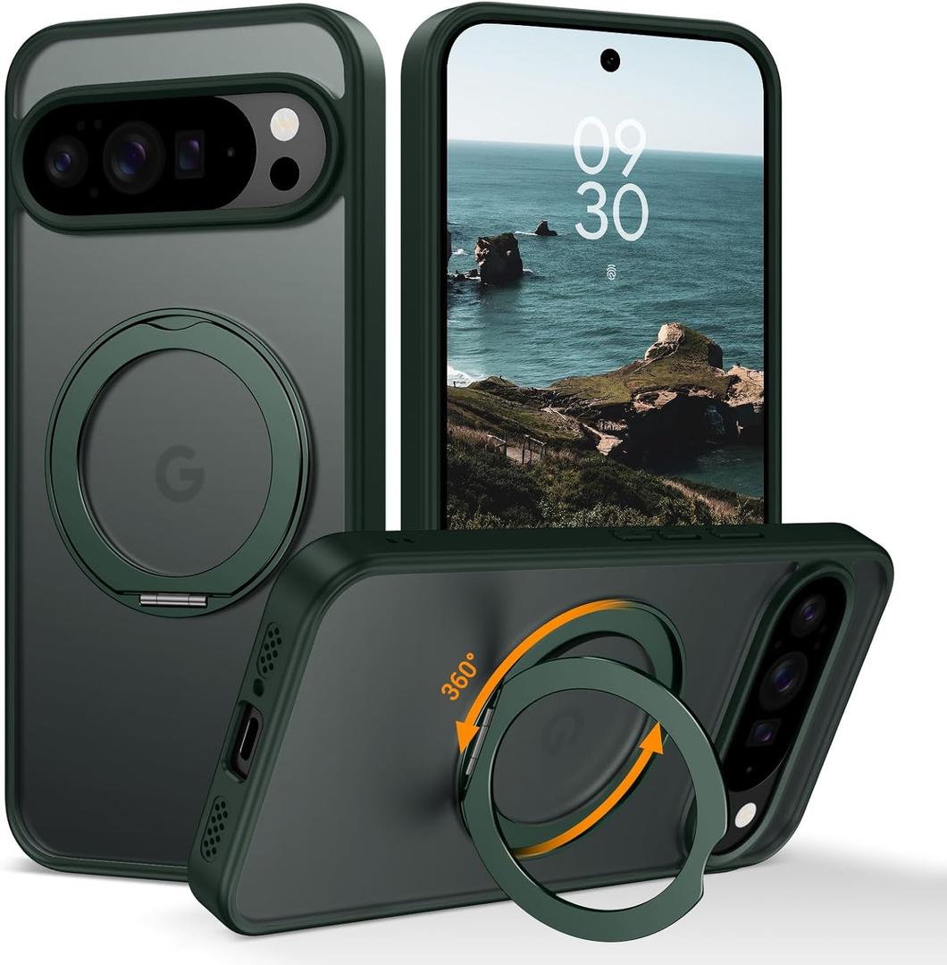 DOMAVER for Google Pixel 10 Pro XL Magnetic Case with 360 Rotatable Stand [Compatible with Mag Safe], Translucent Matte Military Shockproof Protective Cover for Google Pixel 10 Pro XL, Deep Green