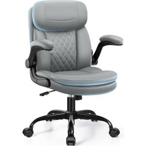 Leather Office Chair, Upgraded PU Computer Desk Chairs with Double-Layer Seat Cushion and Neckrest, 360Swivel, Ergonomic Small Gaming Chair with Wheels and Adjustable Armrests for Short People, Grey