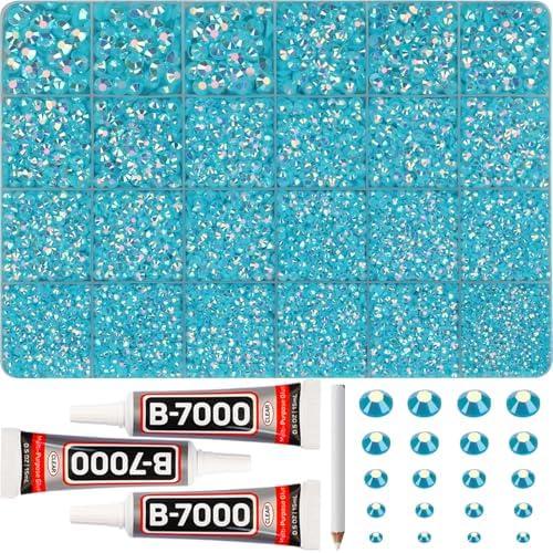 31000Pcs Turquoise Rhinestones for Bedazzling, 2-6mm Mixed Sizes Resin Crystals, Bedazzled Flatback Blue Zircon Stones Gemstones Gems Jewels Diamonds with B7000 Glue for Crafting Clothes Crafts