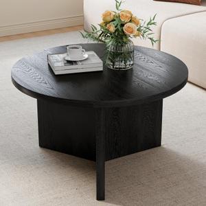 Luoxiao 27.5" Round Black Coffee Table, Modern Wood Grain Center Table with Triangle Pedestal Base, Low Profile Circular Accent Table for Living Room, Small Spaces & Apartments, Easy Assembly