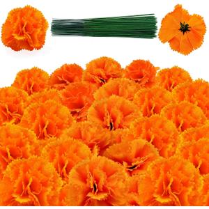 50 pcs Marigold Flowers with Stems, Silk Artificial Flowers for DIY for Diwali,Indian Festival, DIY Marigold Garland Wedding Decor 5cm (50pcs with Floral Wire)