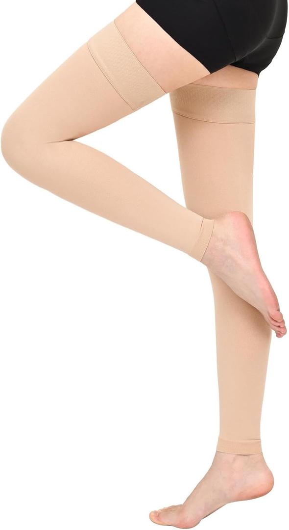 Compression Stockings for Women & Men, 15-20 mmHg Thigh High Compression Socks Graduated Compression for Edema Varicose Veins, Running, Hiking, Cycling, Travel, (Footless) (Large, Beige)