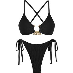 ZAFUL Women's Sexy Cutout Bikini Set High Cut Textured Metal Ring Cheeky Swimsuit Two Piece Bathing Suit (M)