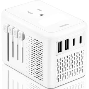 Converter for European Travel, Specially for Hair Dryers, 220v to 110v Voltage Converter with AC Socket, 2 USB C & 2 USB A Ports, Compact Voltage Converter US to Europe (White)