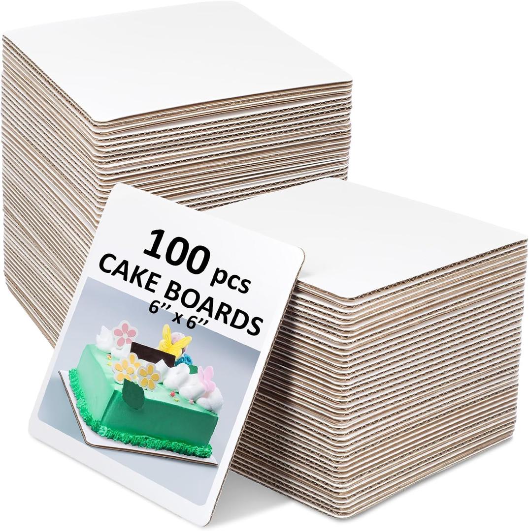 Lallisa 100 Pcs Square Cake Boards 6 Inches Disposable Cake Base Sturdy Grease Proof Stands Cardboard Trays Pad for Pizza Desserts Food Decorating Plate Baking Party Supplies(White)