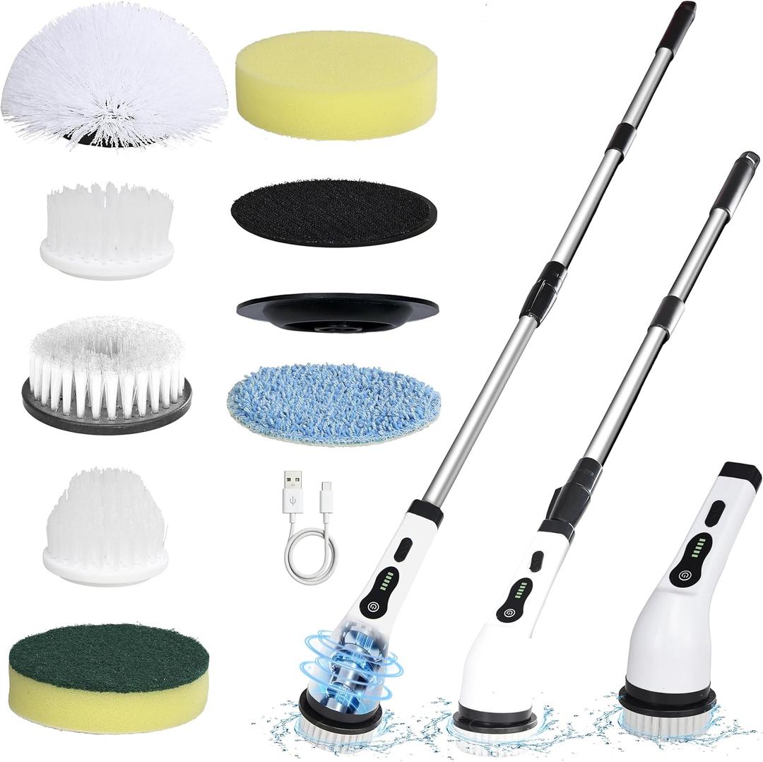 Electric Spin Scrubber Cordless Power Cleaning Brush with 8 Brush Heads Extendable Handle 3 Adjustable Size 2 Speeds IPX7 Waterproof for Bathroom and Kitchen