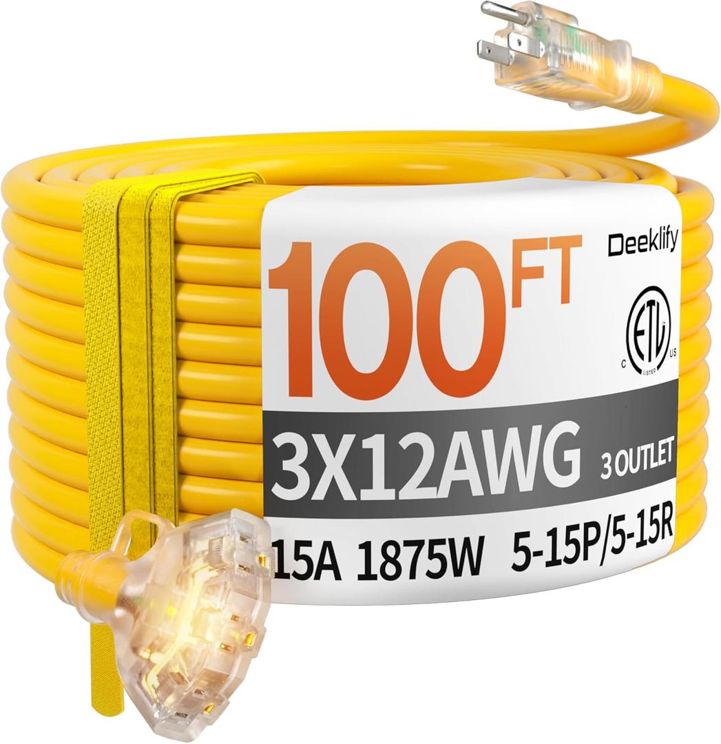 100ft 12 Gauge Heavy Duty 3 Outlet Extension Cord Splitter with Indicator, Waterproof Outdoor Extension Cord with Multiple Outlets, 15A 1875W for Garden, ETL Listed, Flexible Yellow SJTW