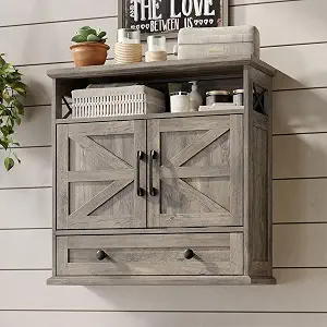 Bathroom Wall Cabinet, 23.6''x23.6'' Farmhouse Wall Mounted Medicine Cabinet with Drawer, 2 Barn Door & Adjustable Shelf, Space Saving Over The Toilet Storage Cabinet for Bathroom, Kitchen, Entryway