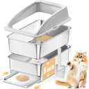 23.6"x15.7"x13.78" Stainless Steel Sifting Litter Box with Lid, XL Sifting Design for Pine Pellets, High Sides Metal Litter Box for Big Cats 7.9in Deep, Easy-to-Clean Removable Drawer Pan (Light Grey)