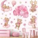 wondever Pink Balloon Bear Wall Stickers Hot Air Balloon Animals Clouds Stars Peel and Stick Wall Art Decals for Baby Nursery Kids Girls Bedroom