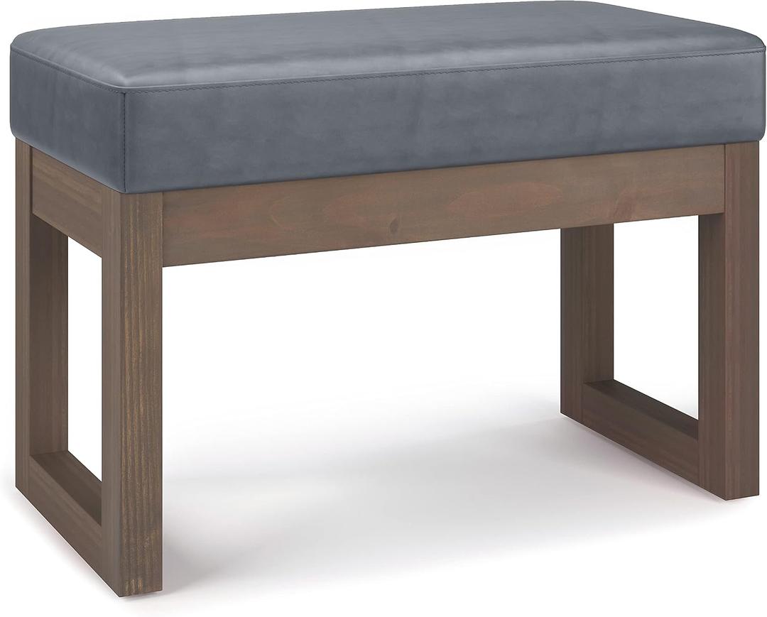 SIMPLIHOME Milltown Small Ottoman Bench - 27" Wide x 18" High Upholstered Vegan Leather Rectangle Footstool Ottoman in Stone Grey, Contemporary Bench for Entryway with Cushioned Seat, Assembled