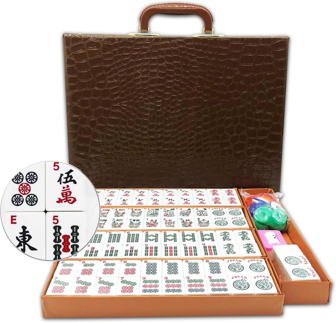 American Mahjong Game Set 166 White Engraved Tiles for Western Mah Jong, Mah jongg Play with Traveler Size Carrying Case, Dices, Chips, Manual,Win indicator - Racks and Pushers not included (Travler Size)