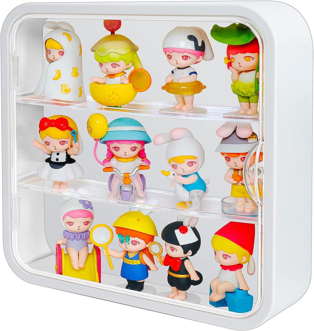Display Case for Figures, 3 Tiers Clear Wall-Mounted Doll Storage Box, Acrylic Dustproof Action Figure Display Case with Magnetic Door Fit for Collectibles Mini Toys Lego Pop Mart, White
