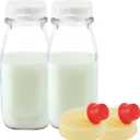 kitchentoolz 12 Oz Square Glass Milk Jugs with Caps - Perfect Milk Container for Refrigerator - 12 Ounce Glass Milk Bottle with Tamper Proof Lid and Pour Spout - Pack of 2