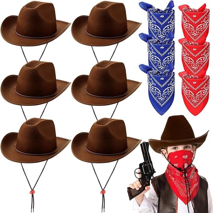 Unittype 12 Pcs Kids Cowboy Hat Set Western Cowgirl Hat and Polyester Bandanas for Boys Girls Cosplay Costume Party Favors(Colorful,Classic)