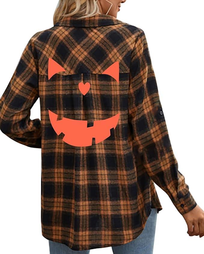 Halloween Shirt Women Pumpkin Face Shirt Funny Button Down Flannel Plaid Long Sleeve Tops Fall Clothes Outfits, M