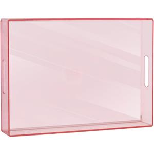 MAONAME Pink Clear Serving Tray with Handles, Plastic Clear Tray, Rectangle Decorative Trays for Coffee Table, Ottoman, Bathroom, Vanity, 15.7" Lx 10.2" W X 1.57" H