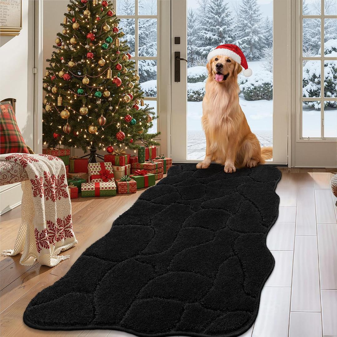 Large Dog Door Mat for Muddy Paws, 22x47 Absorbent Dirt Trapper Long Door Mat, Non-Slip Washable Mud Mat for Dogs, Polyester Microfiber Soft Pet Rug Mat for Entryway, Mud Dog Paws, Patio (Black)