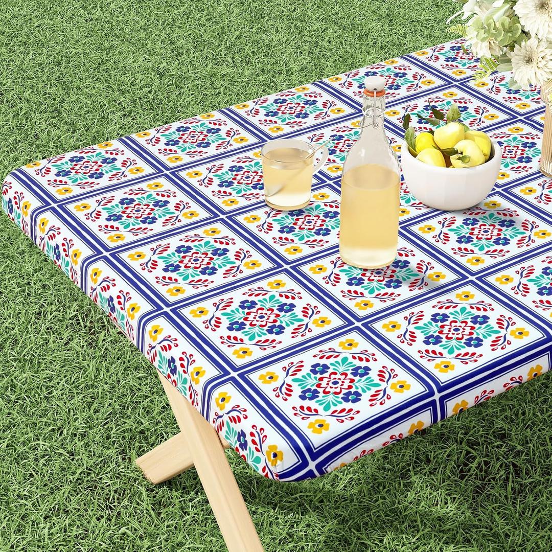 misaya Rectangle Vinyl Tablecloth, Fitted Table Cover, 100% Waterproof, Elastic Edge, Flannel Backing, Table Cloth Fit 6 Foot Folding Tables for Picnic, Outdoor (Geometric Flower, 30x72 inch) (Blue and Yellow)