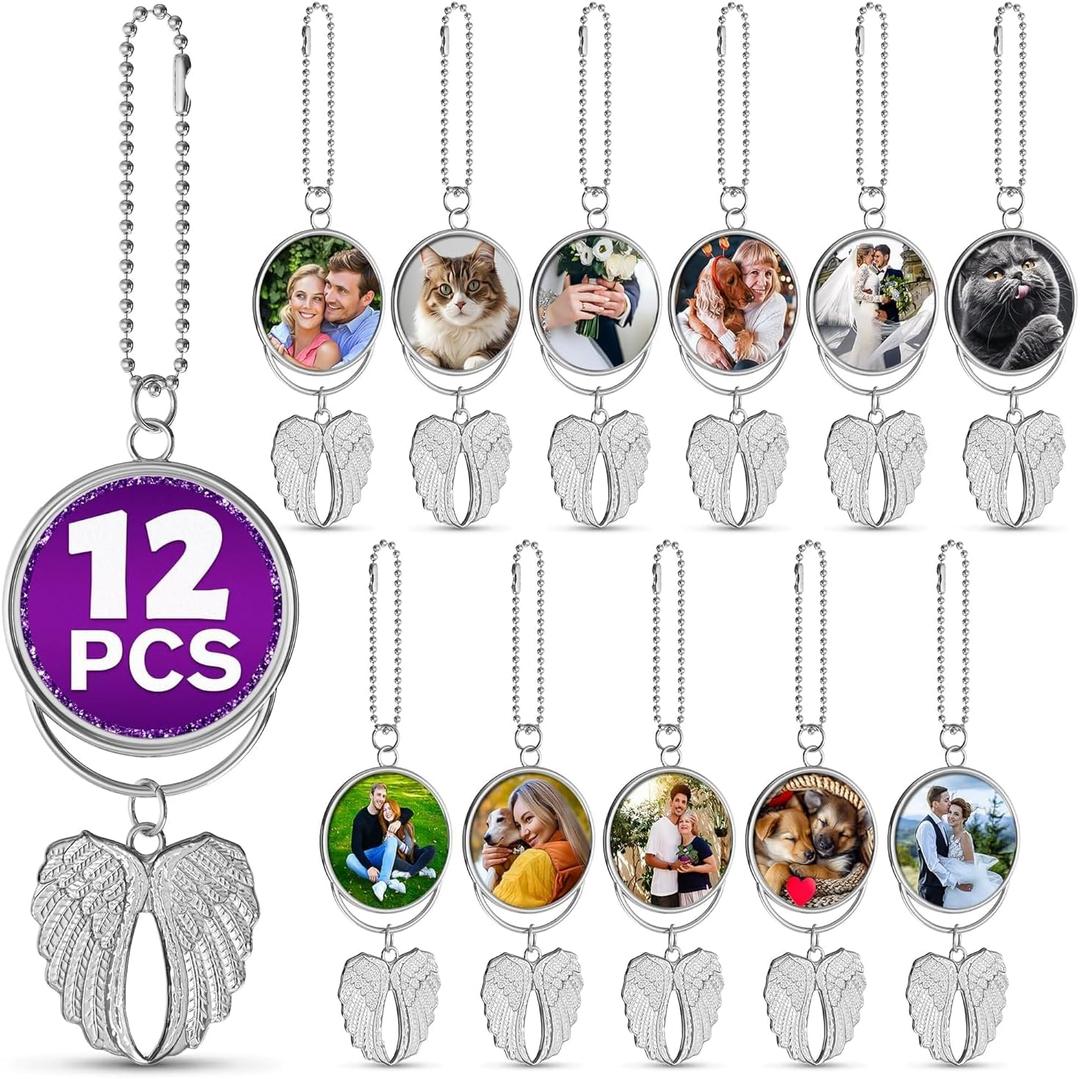 12 Pcs Memorial Sublimation Blanks Keychain  Double-Sided Angel Wings Sublimation Blanks | Holds 1.6" Round Photo  Aesthetic Design | Easy Print | Metal Surface with Chain for DIY Gift & Christmas