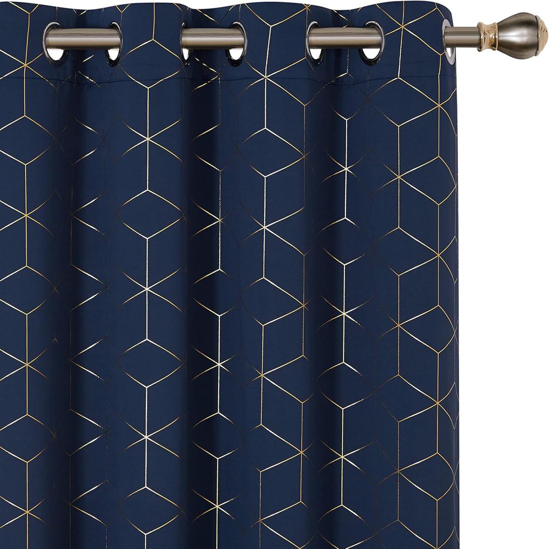 Deconovo Blackout Curtains, Thermal Insulated & Noise Reducing, Diamond Foil Print  Grommet Top, 2 Panels, Soft Drape Polyester for Bedroom/Living Room, Navy Blue 52" W x 95" L