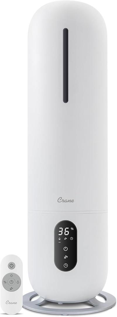Crane 2 Gallon Top Fill Ultrasonic Cool Mist Tower Humidifier for Home, Whisper Quiet, Filter Free, Dishwasher Safe, Auto Shutoff, White