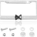 2PCS Bling Car License Plate Frame for Women,Stainless Steel Sparkly Car Plate Holder with Crystal Rhinestones, Glitter Diamond Vehicle Bow Plate Covers,Decorative Auto Accessories (White/Black)
