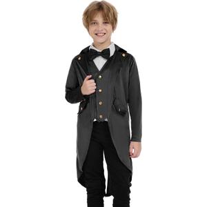 Steampunk Coat Tailcoat,Medieval Clothing Costume,Halloween Renaissance Vampire Costumes (130 (7-8 Years), Black)
