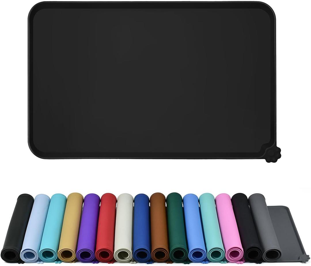 Waterproof Pet Feeding Mat with High Raised Edges, Heavier and Thicker Placemats for Cat Dog Water Bowl with BPA Free, Dogs Cats Food Mats for Messy Drinkers to Prevent Spill and Protect Floors (18.5" x 11.5", Black)