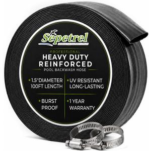 Sepetrel Pool Backwash Hose 1.5 Inch x 100 Feet | Heavy Duty Burst Resistant & Weatherproo Lay Flat Discharge Hose for Pool Sand Filter, Sump Pump, Inground & Above Ground Pools,Includes 2 Clamps