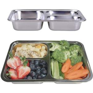 Set of 2 Stainless Steel Divided Plates Tray 3 Sections Diet Food Control Dinner Plate for Adults - Unbreakable Metal Plate for Campers Portion Control Reusable Plate (9.45 x 6.69 Inch (3 Sections))